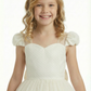 Sweetheart-Neck Puff-Sleeve Flower Girl Dress A-Line Polka-Dot Tulle Gown with Back Bow & Button Detail for Weddings & Formal Occasions