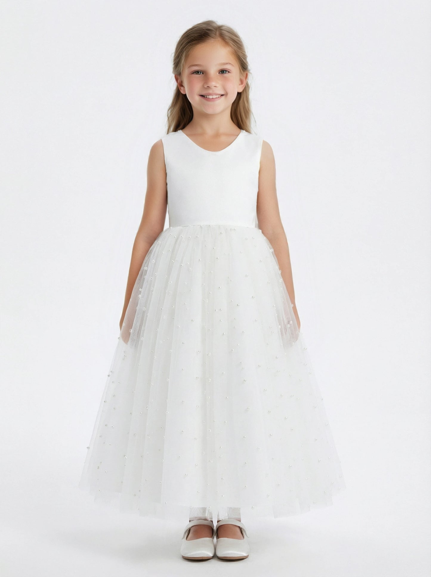 Sleeveless V-Neck Flower Girl Dress Tulle Gown with Pearl Embellishments Satin Back Bow & Satin Bodice for Wedding Events
