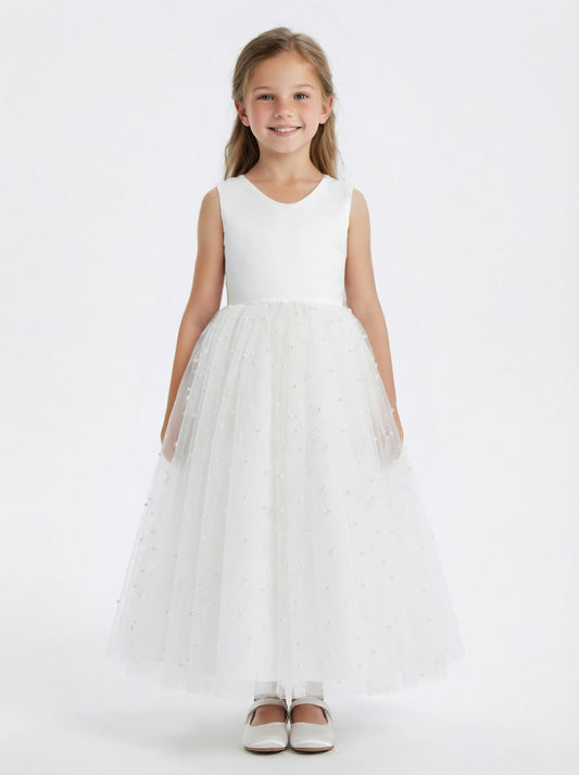 Sleeveless V-Neck Flower Girl Dress Tulle Gown with Pearl Embellishments Satin Back Bow & Satin Bodice for Wedding Events