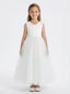 Sleeveless V-Neck Flower Girl Dress Tulle Gown with Pearl Embellishments Satin Back Bow & Satin Bodice for Wedding Events