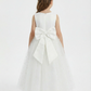 Sleeveless V-Neck Flower Girl Dress Tulle Gown with Pearl Embellishments Satin Back Bow & Satin Bodice for Wedding Events