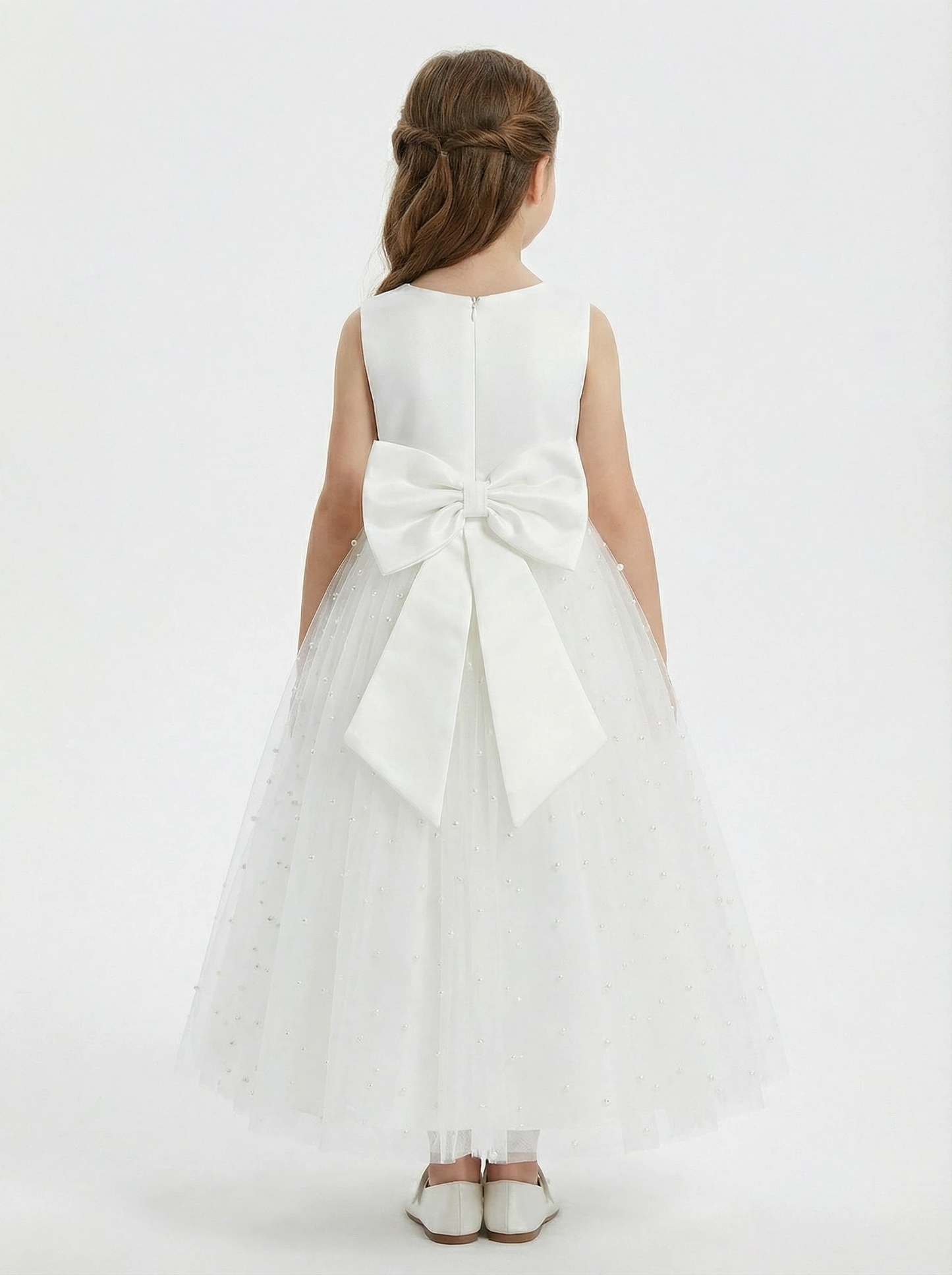 Sleeveless V-Neck Flower Girl Dress Tulle Gown with Pearl Embellishments Satin Back Bow & Satin Bodice for Wedding Events