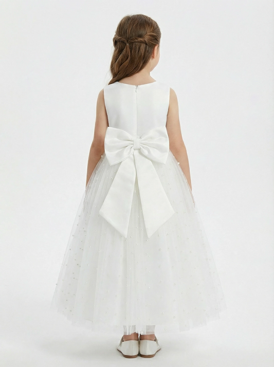 Sleeveless V-Neck Flower Girl Dress Tulle Gown with Pearl Embellishments Satin Back Bow & Satin Bodice for Wedding Events