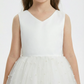 Sleeveless V-Neck Flower Girl Dress Tulle Gown with Pearl Embellishments Satin Back Bow & Satin Bodice for Wedding Events