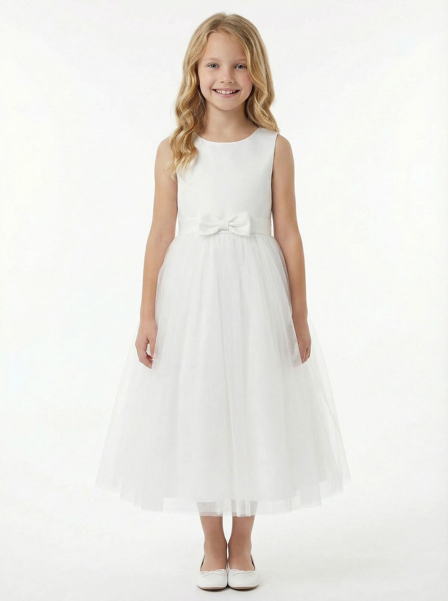 Sleeveless Round-Neck Flower Girl Gown A-Line Tulle Dress with Satin Bodice Waist Bow & Lightweight Tulle Skirt for Wedding Celebrations