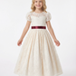 Short Puff-Sleeve Round-Neck Flower Girl Dress Lace Gown with Satin Waist Bow & Intricate Lace Overlay for Wedding & Formal Gatherings