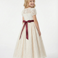 Short Puff-Sleeve Round-Neck Flower Girl Dress Lace Gown with Satin Waist Bow & Intricate Lace Overlay for Wedding & Formal Gatherings