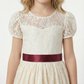Short Puff-Sleeve Round-Neck Flower Girl Dress Lace Gown with Satin Waist Bow & Intricate Lace Overlay for Wedding & Formal Gatherings