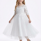 3/4 Sleeve Illusion-Neck Flower Girl Gown Tulle Dress with Intricate Lace Embroidery for Weddings & Formal Occasions
