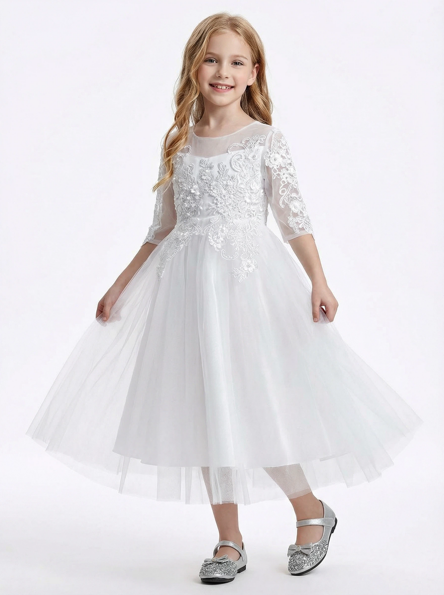 3/4 Sleeve Illusion-Neck Flower Girl Gown Tulle Dress with Intricate Lace Embroidery for Weddings & Formal Occasions