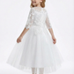 3/4 Sleeve Illusion-Neck Flower Girl Gown Tulle Dress with Intricate Lace Embroidery for Weddings & Formal Occasions