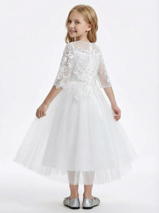 3/4 Sleeve Illusion-Neck Flower Girl Gown Tulle Dress with Intricate Lace Embroidery for Weddings & Formal Occasions