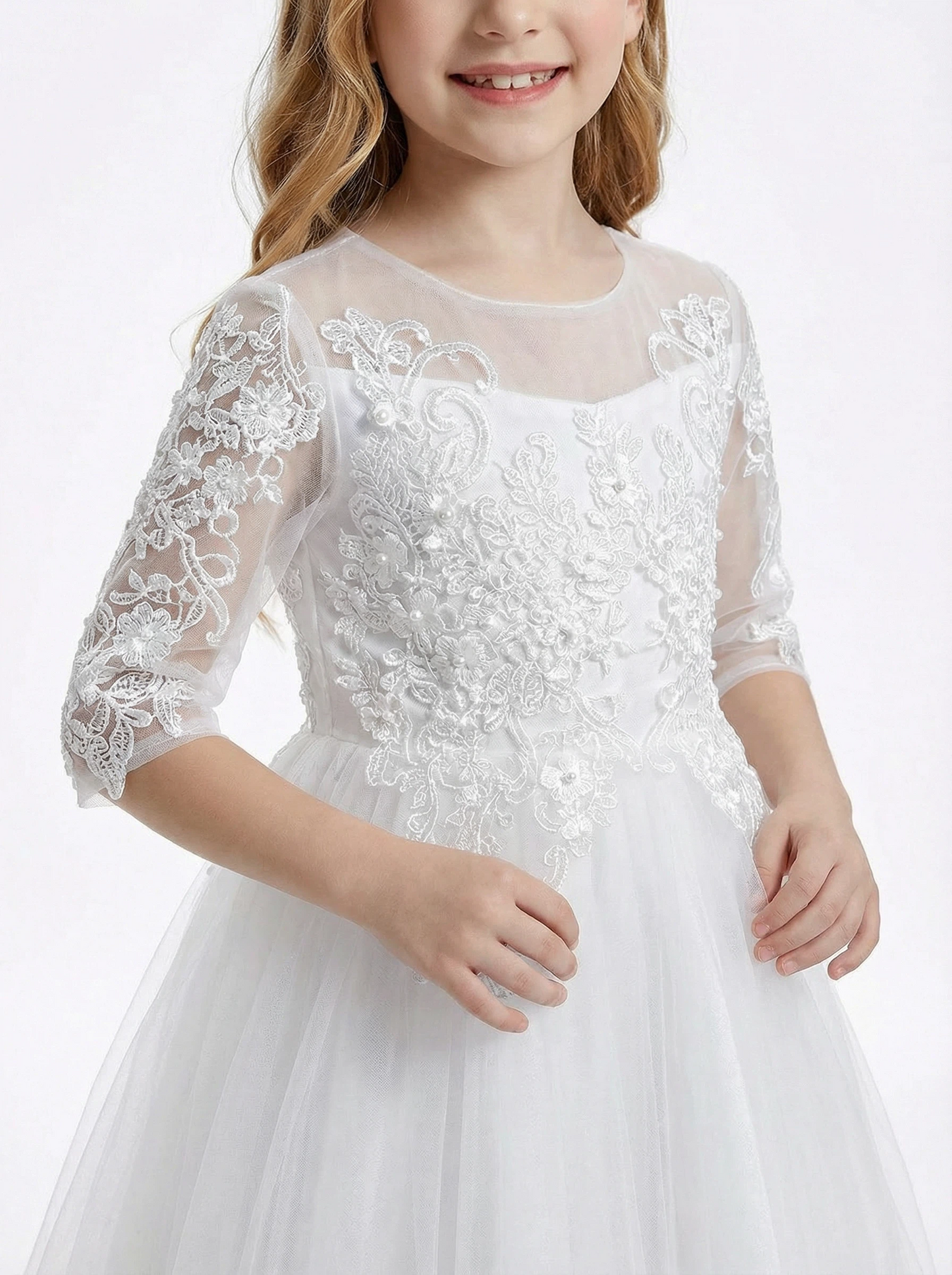 3/4 Sleeve Illusion-Neck Flower Girl Gown Tulle Dress with Intricate Lace Embroidery for Weddings & Formal Occasions