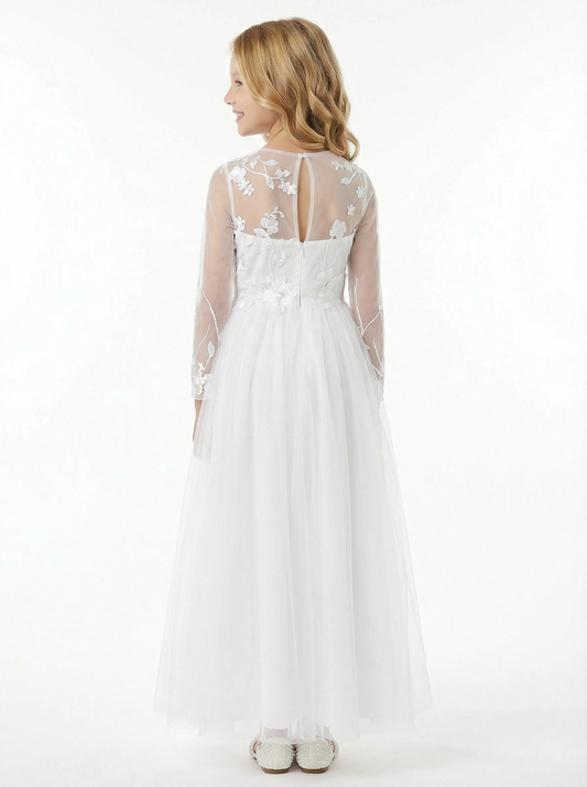 Long-Sleeve Illusion-Neck Flower Girl Gown Tulle Dress with 3D Floral Embroidery & Keyhole Back for Wedding Ceremonies