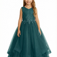 Sleeveless V-Neck Flower Girl Gown Tulle Dress with Beaded Lace Embroidery & Oversized Satin Bow for Formal Events & Weddings
