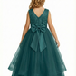 Sleeveless V-Neck Flower Girl Gown Tulle Dress with Beaded Lace Embroidery & Oversized Satin Bow for Formal Events & Weddings
