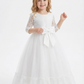 Three-Quarter Sleeve Round-Neck Flower Girl Gown Tulle Dress with Lace Overlay Satin Bow & Ruffled Hem for Wedding Celebrations