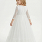 Three-Quarter Sleeve Round-Neck Flower Girl Gown Tulle Dress with Lace Overlay Satin Bow & Ruffled Hem for Wedding Celebrations