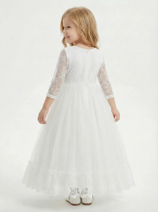 Three-Quarter Sleeve Round-Neck Flower Girl Gown Tulle Dress with Lace Overlay Satin Bow & Ruffled Hem for Wedding Celebrations