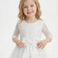 Three-Quarter Sleeve Round-Neck Flower Girl Gown Tulle Dress with Lace Overlay Satin Bow & Ruffled Hem for Wedding Celebrations