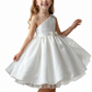 One-Shoulder Sleeveless Flower Girl Dress A-Line Satin & Tulle Gown with Waist Bow Detail for Weddings & Special Occasions