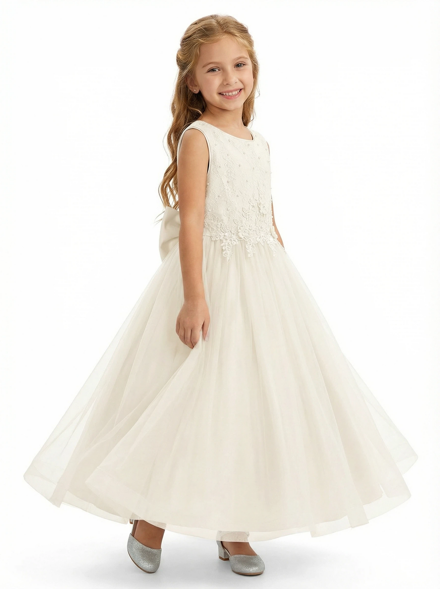 Sleeveless Round-Neck Flower Girl Gown Tulle Dress with Pearl Embellishments & Lace Appliqu¨¦s for Wedding Ceremonies