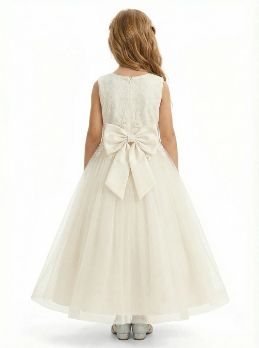 Sleeveless Round-Neck Flower Girl Gown Tulle Dress with Pearl Embellishments & Lace Appliqu¨¦s for Wedding Ceremonies