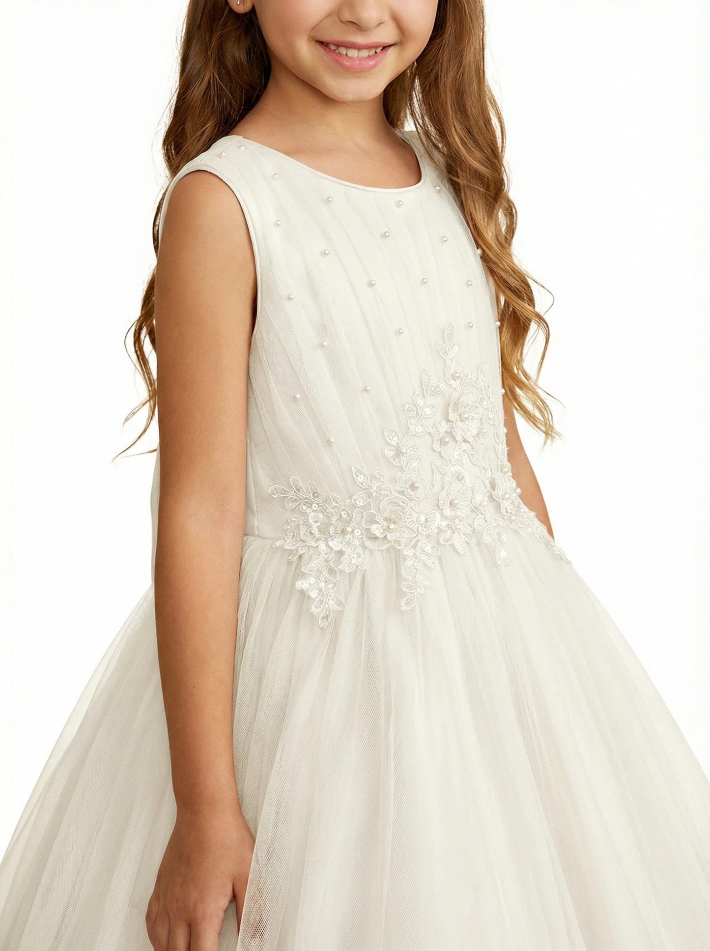 Sleeveless Round-Neck Flower Girl Gown Tulle Dress with Pearl Embellishments & Lace Appliqu¨¦s for Wedding Ceremonies