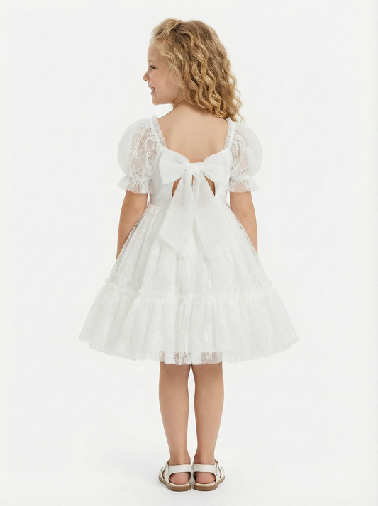 Puff Short Sleeves Tulle Bow Flower Girl Dress Birthday Party Dresses