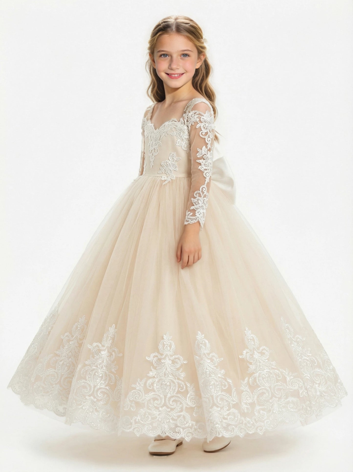 Wedding Lace Flowers Girl Gowns Floor Length Pageant Dress Flower Princess Bow Knot