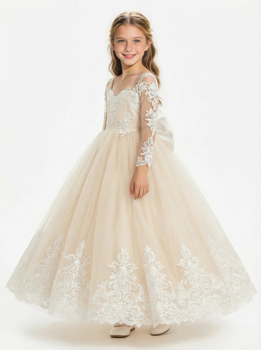 Wedding Lace Flowers Girl Gowns Floor Length Pageant Dress Flower Princess Bow Knot
