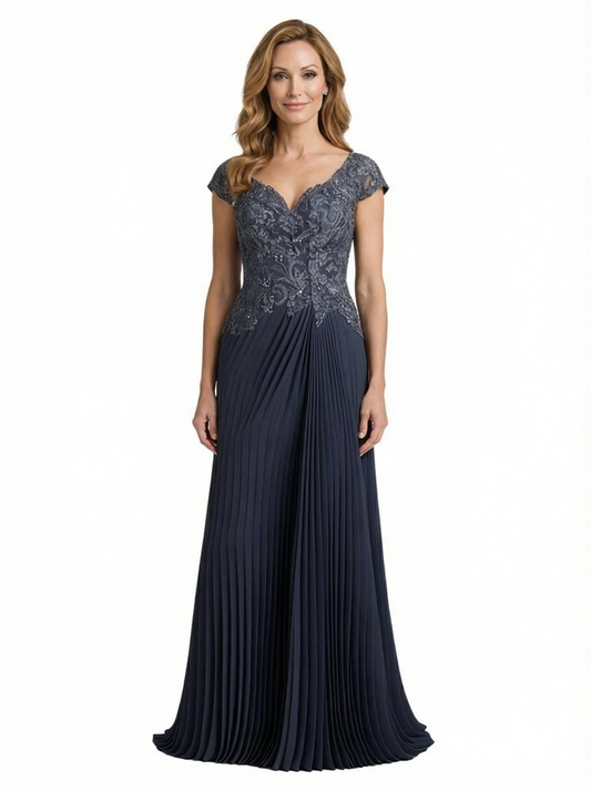 Elegant A-line Chiffon Cap Sleeves Mother of the Brides Dresses V Neck Floor length