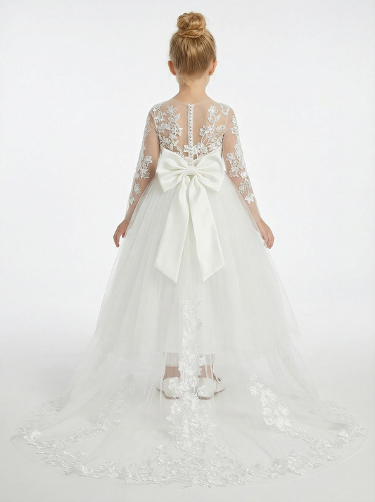 Vintage Lace Girls Wedding Party Dress Floor Length Long Sleeve Bow Sash A Line Flower Dress