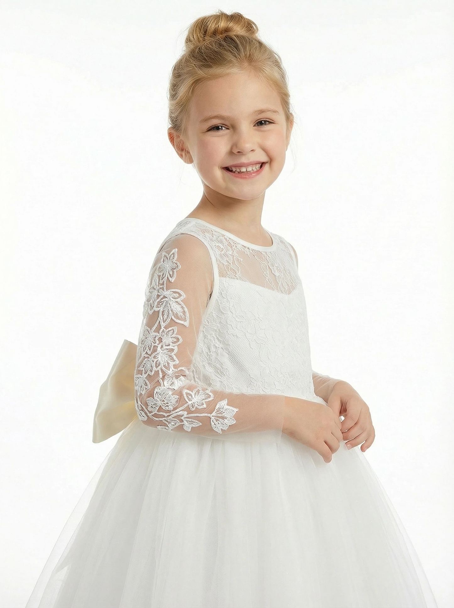 Vintage Lace Girls Wedding Party Dress Floor Length Long Sleeve Bow Sash A Line Flower Dress