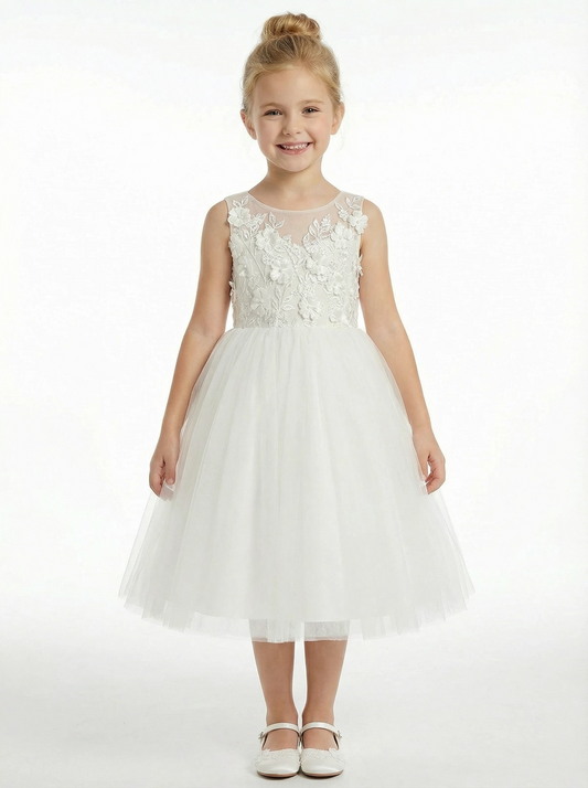 Floral Lace Flower Girl Dress Sleeveless Tulle Skirt Round Neck Wedding Toddler Bridesmaid
