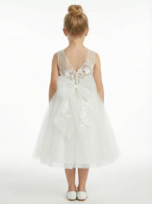 Floral Lace Flower Girl Dress Sleeveless Tulle Skirt Round Neck Wedding Toddler Bridesmaid