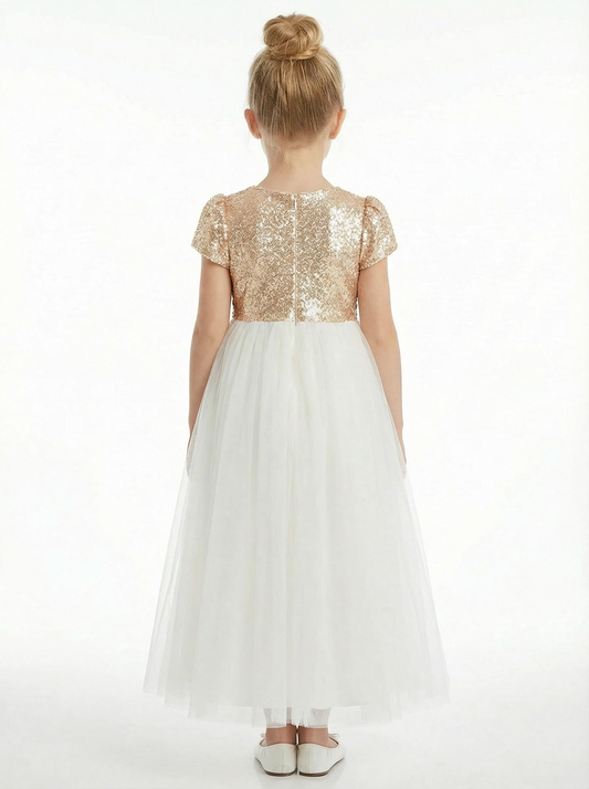Sequin Girl Bridesmaid Gowns Tulle Short Sleeve Sparkle Communion Dresses Flower Girl Dress
