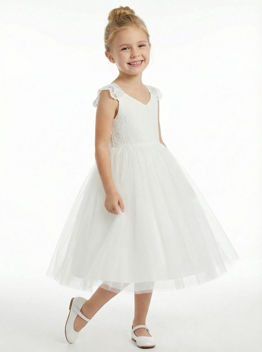 Lace Applique Flower Girl Dress Tea Length Ball Gown Sweetheart Neck Formal Wedding Gowns