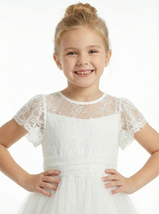 Floral Lace Toddler Flower Girl Dress Cap Sleeve Tulle Skirt Round Neck Wedding Communion Dresses