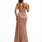 Sexy One Shoulder Ruched Mermaid Silky Satin Long Formal Dresses With Waist Drape Boning Side Slit