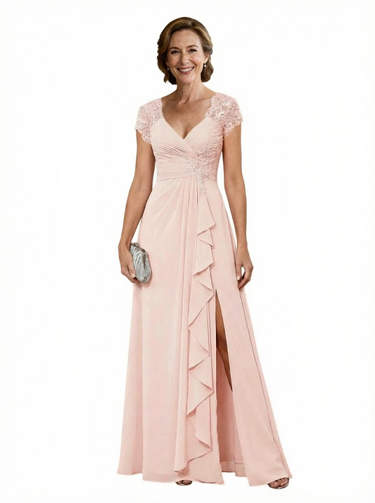 V-neck Slit Formal Gowns Lace A-line Mother of The Bride Dresses Evening Gowns
