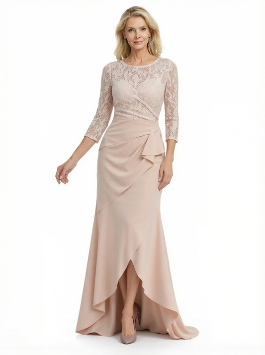 Long A-line Elegant Mother of The Bride Dress Evening Illusion Lace Ruffle Slit