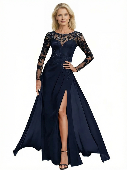 Long Sleeve Elegant Mother of The Bride Dress Evening Formal Gowns Lace Slit