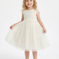 Satin Lace Girls Princess Dress Cap Sleeve Bow Sash A-Line Wedding Guest Gowns Girls