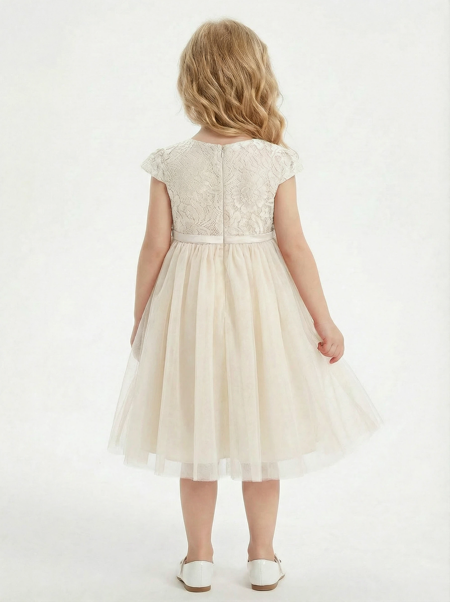 Satin Lace Girls Princess Dress Cap Sleeve Bow Sash A-Line Wedding Guest Gowns Girls