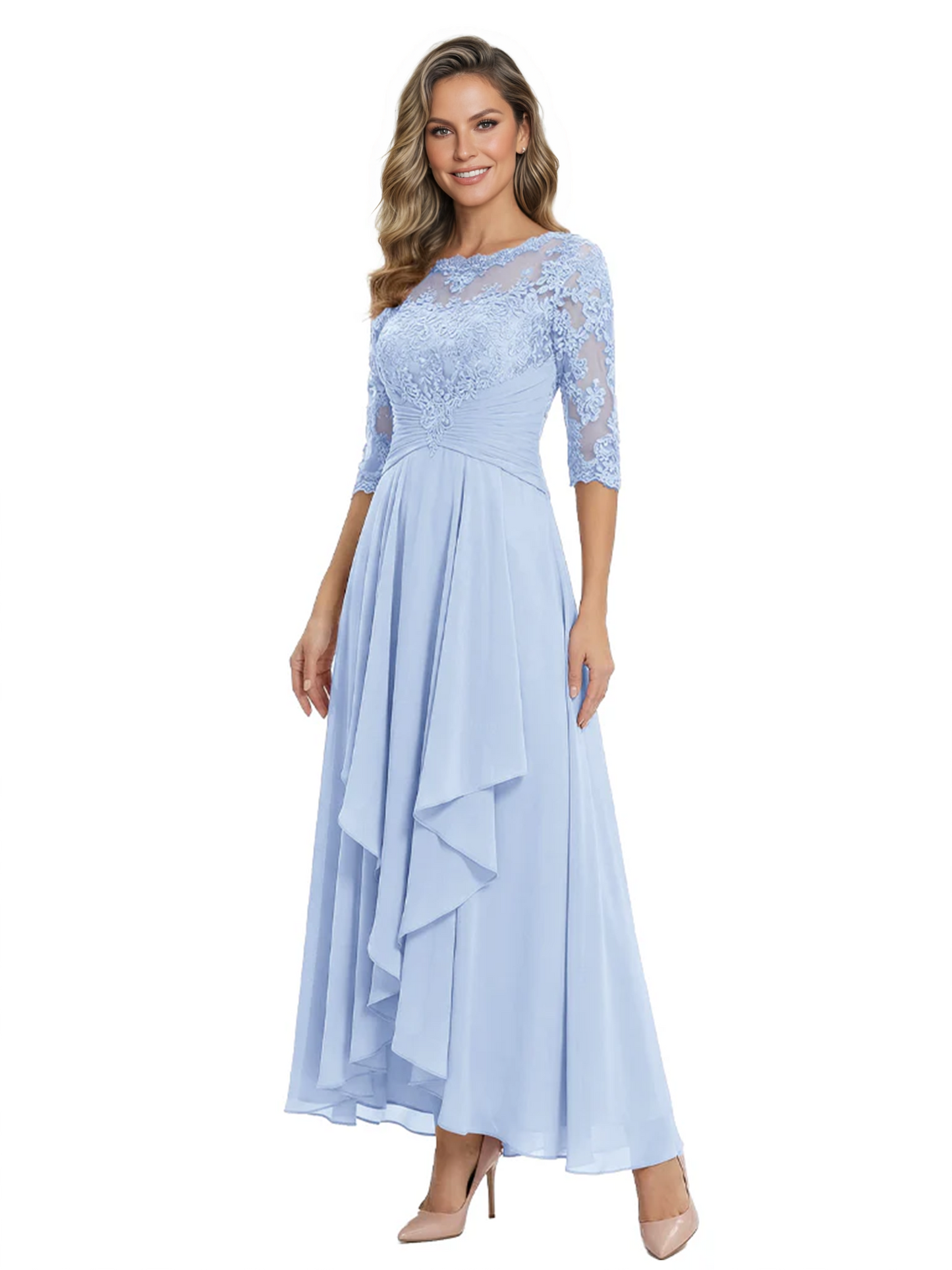 3/4 Sleeve Mother of the Bride Dress with Lace Embroidery High-Low Hem 2026
