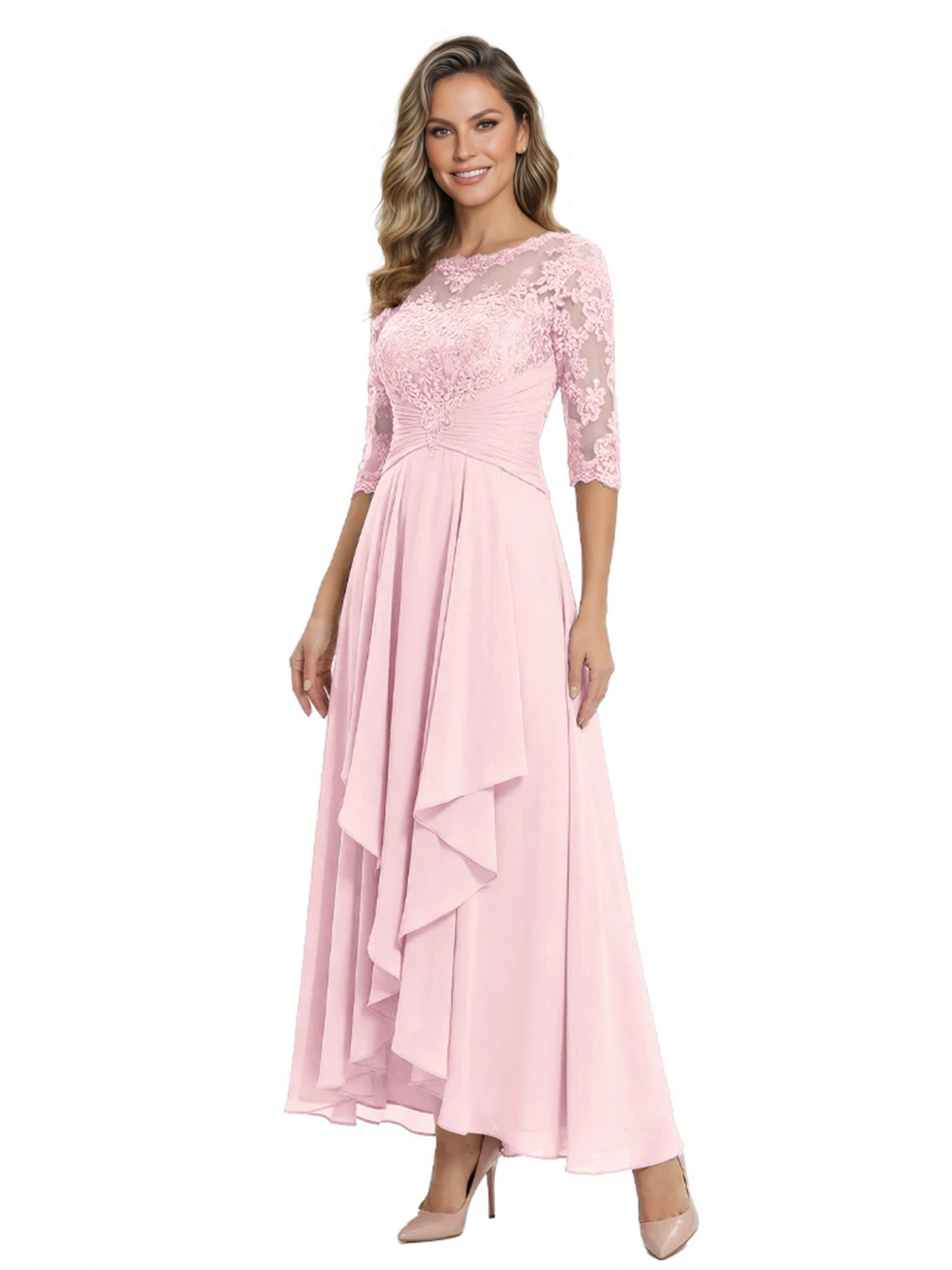3/4 Sleeve Mother of the Bride Dress with Lace Embroidery High-Low Hem 2026