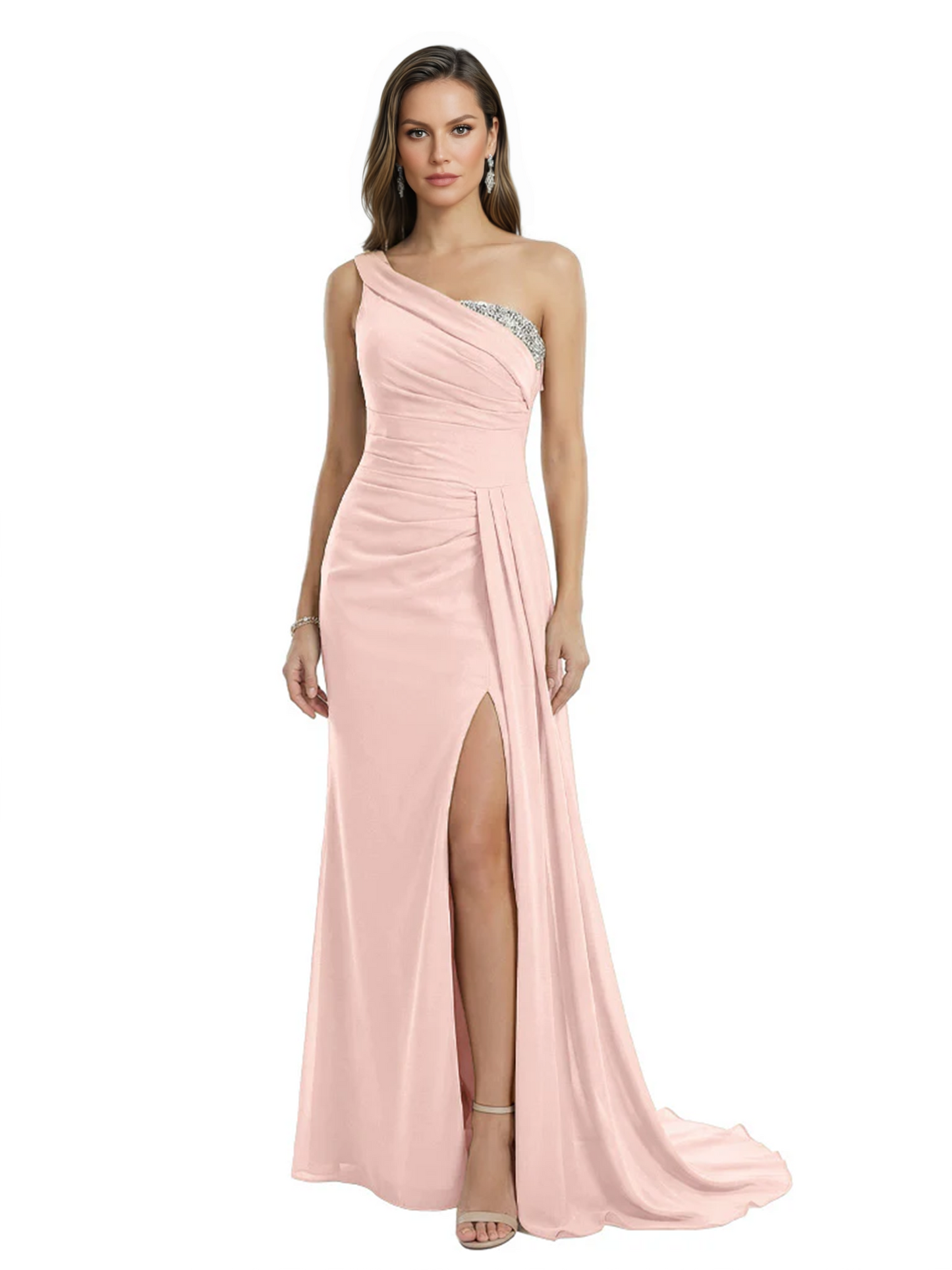 One Shoulder Mother of Bride Dress Ruffle Formal Gowns Mermaid Floor Length Train Slit