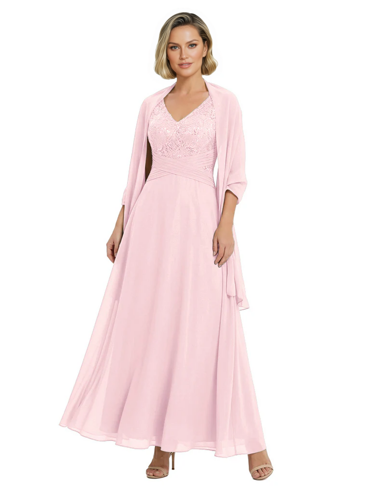 Luxury Formal Mother of Bride Dress Sparkling Sequin Top & Flowy Chiffon Skirt with Shawl