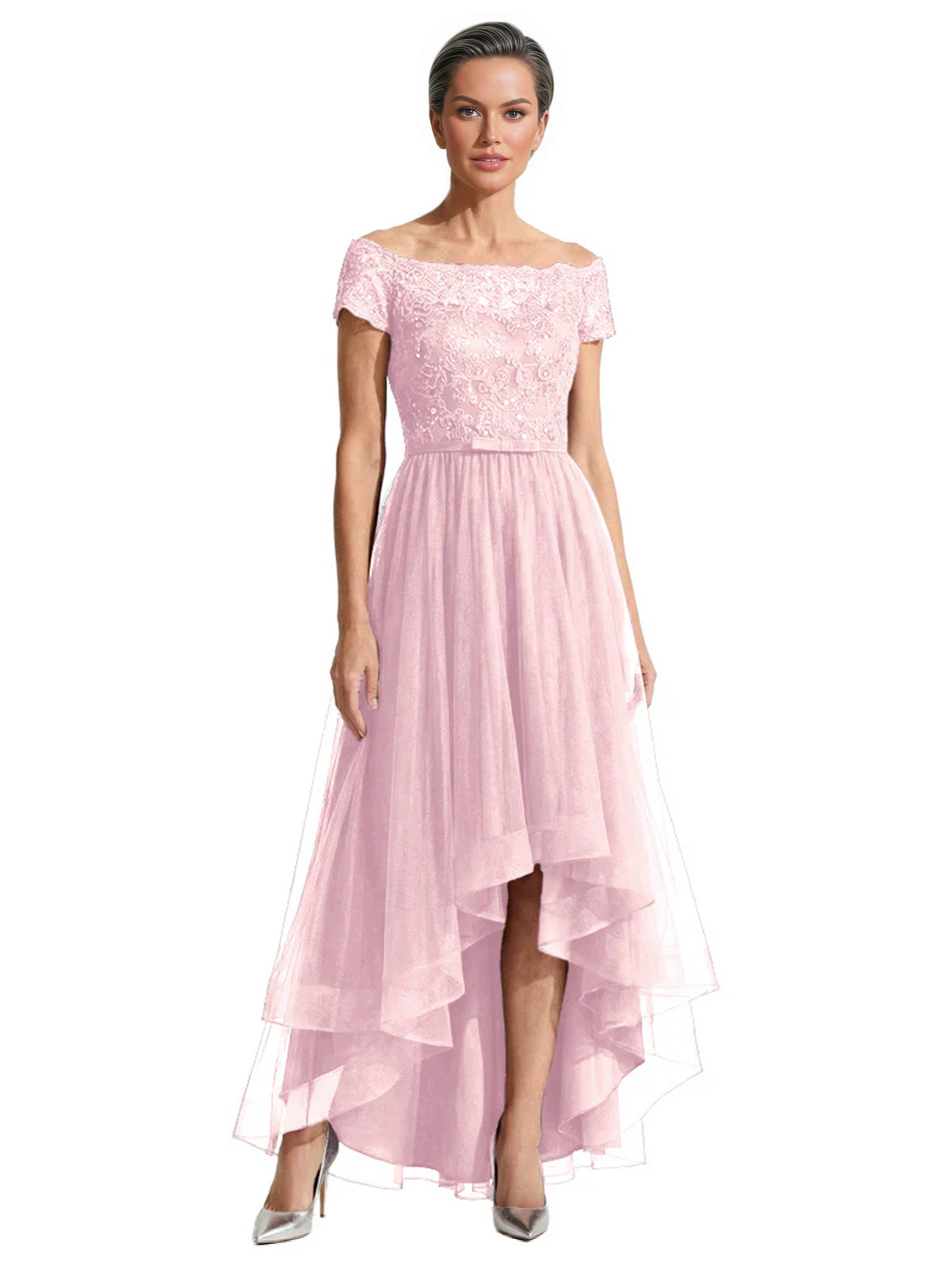 Formal High-Low Mother of the Bride Gown Short Sleeve Lace Maxi Dress with Tiered Skirt